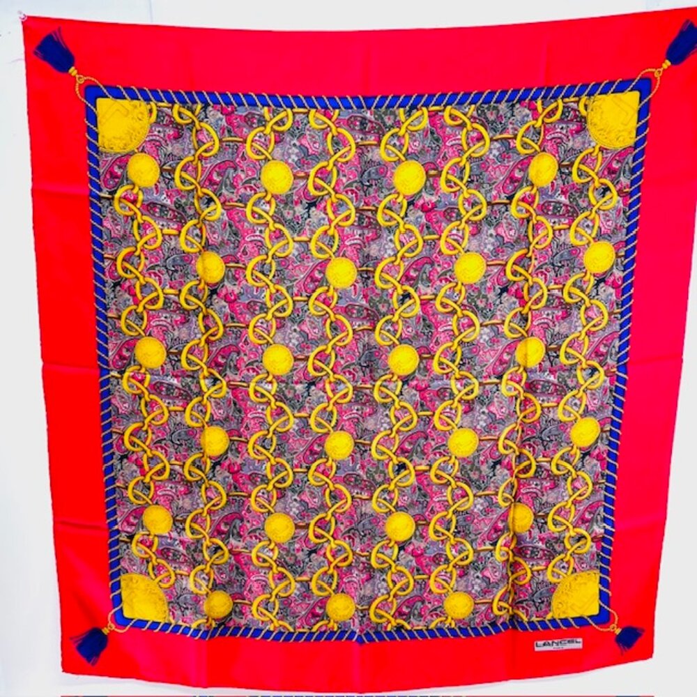 Unused Beautiful Lancel 100% Silk Satin Scarf 34" Red Burgendy Gold Paisley (58 - Picture 5 of 11